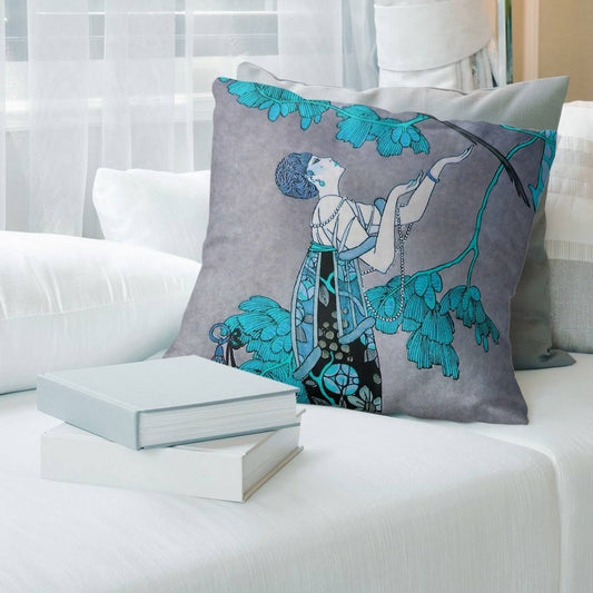 Porch  den George Barbier &Woman in Gray& Throw Pillow - 16 x 16 - Ice Blue  Gray - Faux Suede DSI4_Z7BKE64