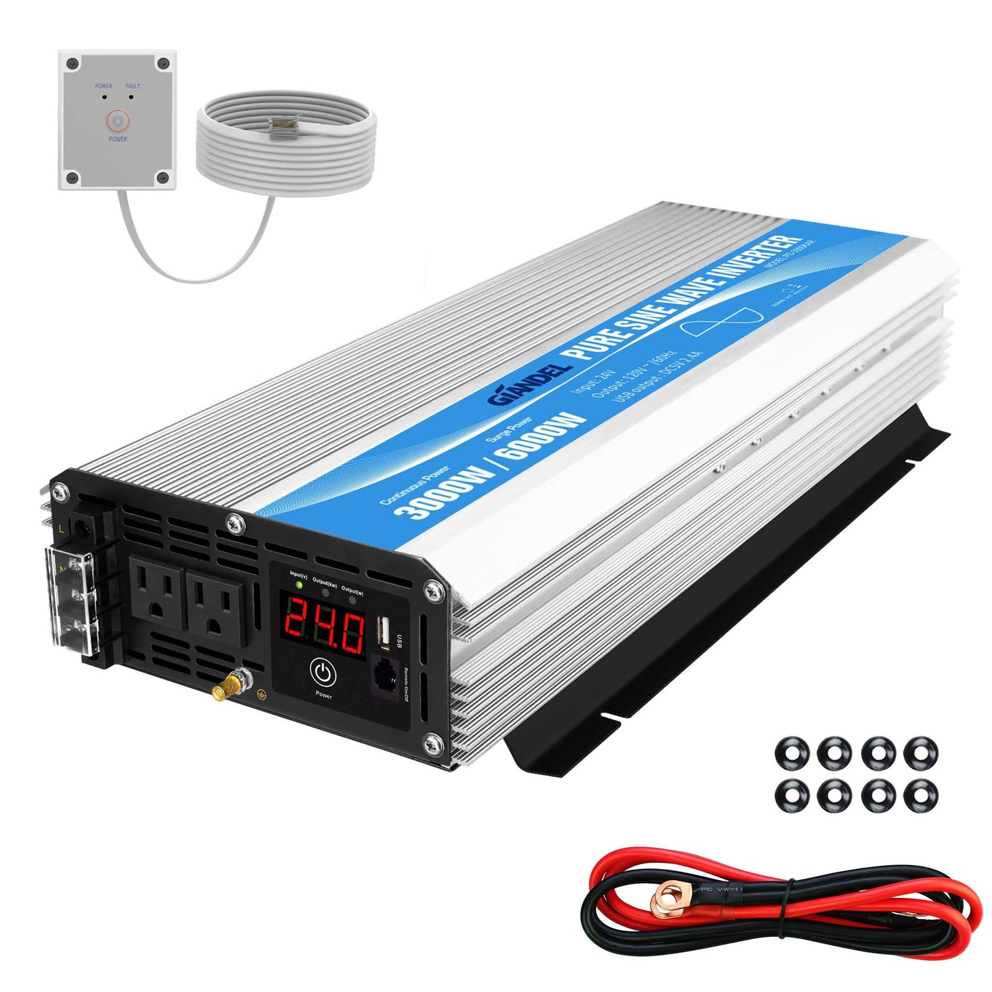 GIANDEL Pure Sine Wave Power Inverter 3000Watt DC 24V to AC120V with Dual AC Outlets with Remote Control 2.4A USB and LED Displa KAQ4_R5FIB65