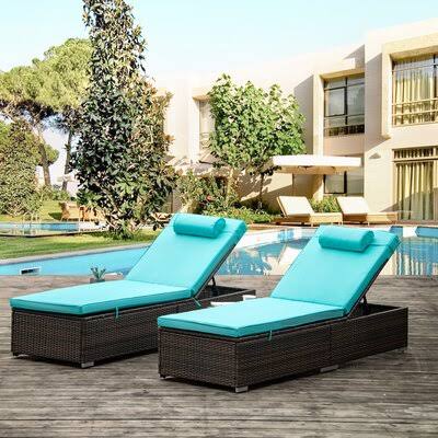 2 Pieces Patio Brown Rattan Reclining Chair Outdoor PE Wicker Chaise Lounge Latitude Run Cushion Color: Blue CHK0_T7GKK77