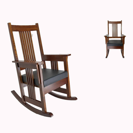 Benjara Wooden Frame Rocker Chair with Slatted Back and Leatherette SEAT, Oak Brown AXP1_A7CTH12