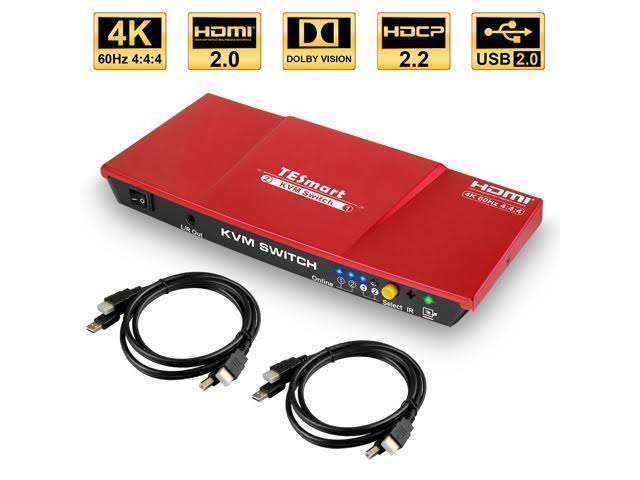 TESmart 2x1 HDMI KVM Switch 4K 3840x2160@60Hz 4:4:4 USB 2.0 2pcs 5ft KVM Cables Control of 2 Computers/Servers/DVR (Red) EU Stan NWA7_J1JAL46