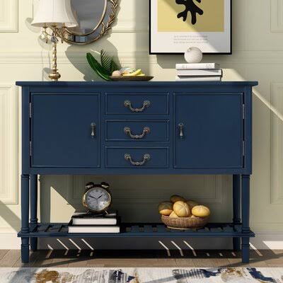 45&& Modern Console Table Sofa Table for Living Room with 3 Drawers, 2 Cabinets and 1 Shelf Canora Grey Table Base Color: Navy B QWO1_J5FHG35