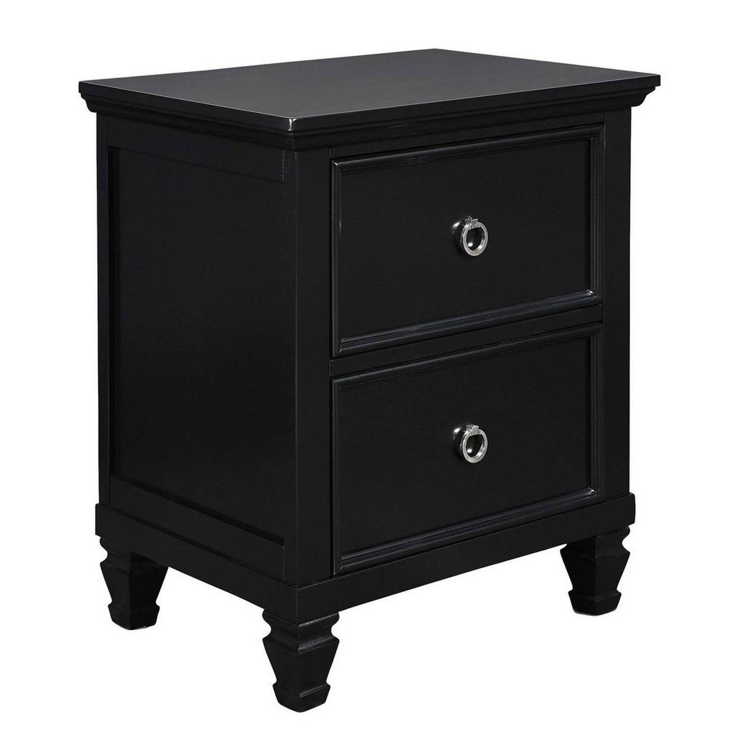 2 Drawer Wooden Nightstand with Tapered Legs and Metal Rings, Black NAV4_R8RXX34