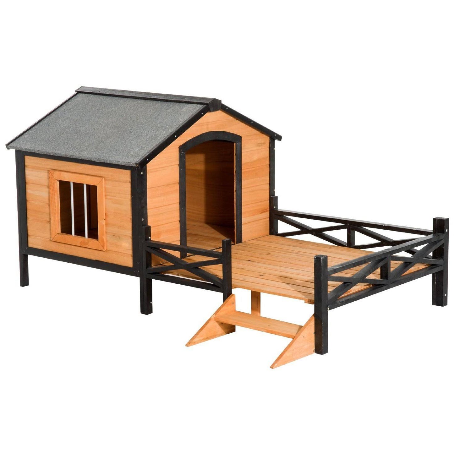 PawHut Cabin Outdoor Covered Elevated Dog House with Porch TLE0_A9GGW62