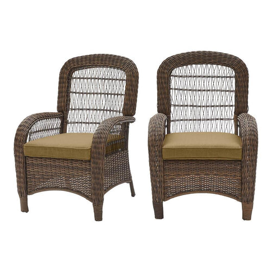 Hampton Bay Beacon Park Brown Wicker Outdoor Patio Captain Dining Chair with CushionGuard Toffee Tan Cushions (2-Pack) SMI9_I4FQG43