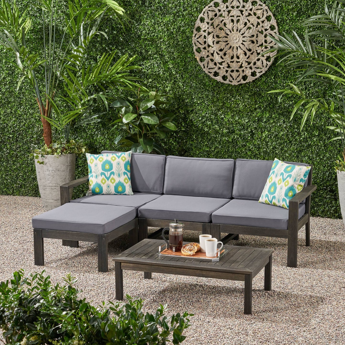 Makayla Ana Outdoor 3 Seater Acacia Wood Sofa Sectional with Cushions Dark Gray / Dark Teal HHN4_F5GYY90