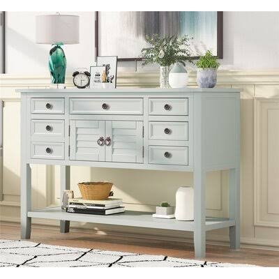 Modern Console Table Sofa Table for Living Room with 7 Drawers, 1 Cabinet and 1 Shelf Longshore Tides Color: Light Blue GOD5_J7QNH96