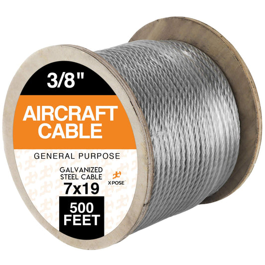 7 x 19 Galvanized Steel Aircraft Cable Wire - 3/8 inch - 500 Reel - 14,400 lb Break Strength Rope for Pulley System or Winch Lo IPN6_T8VVB21