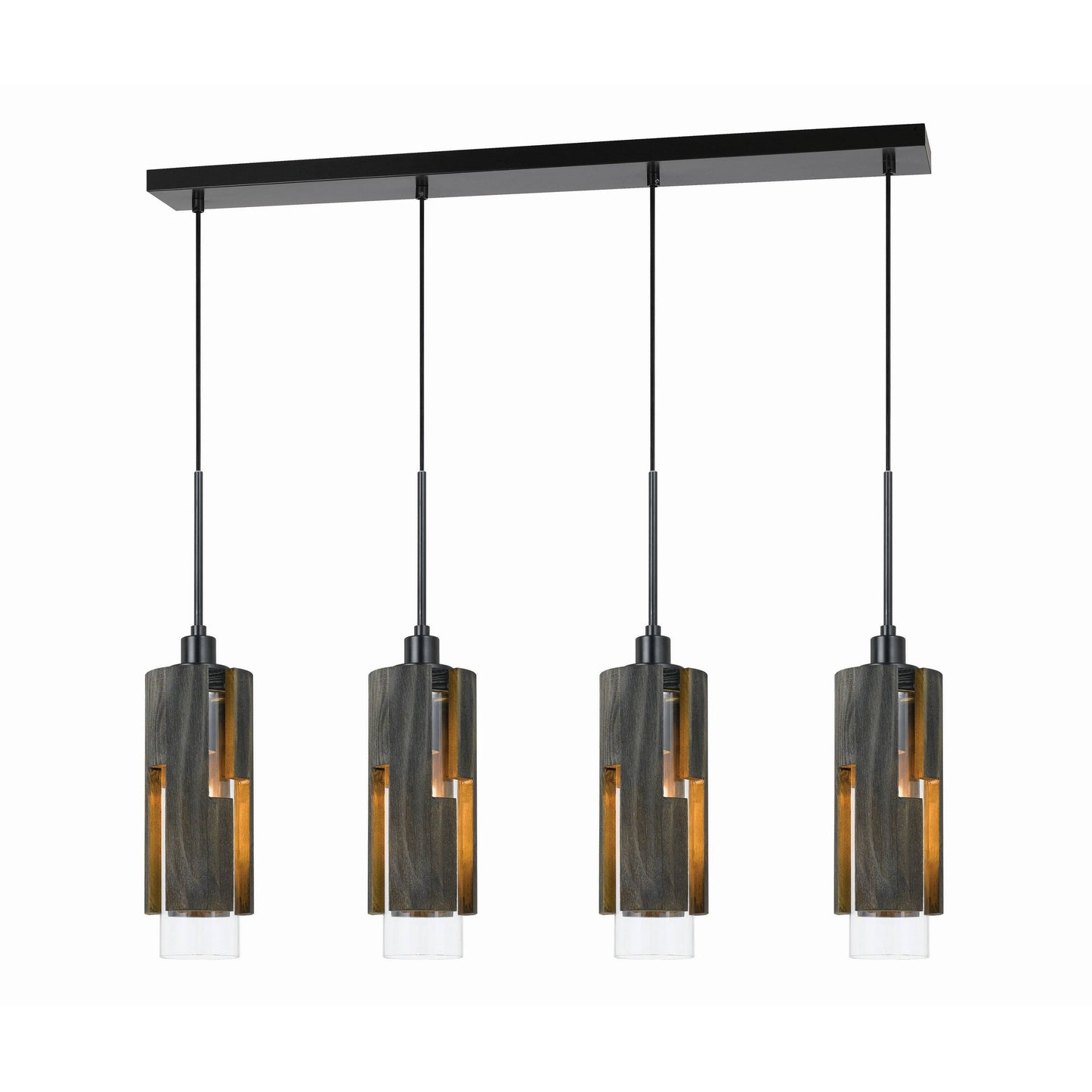 4 Light Metal Frame Pendant Fixture with Wooden and Glass Shades, Gray TFB6_W3NDV74