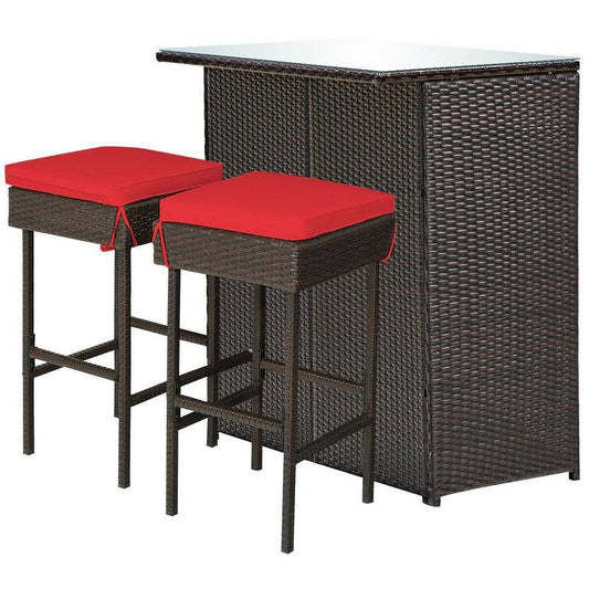 Boyel Living 3-Pieces Rattan Wicker Patio Bar Table Stools Dining Set with Red Cushions ZNR9_E2JUJ77