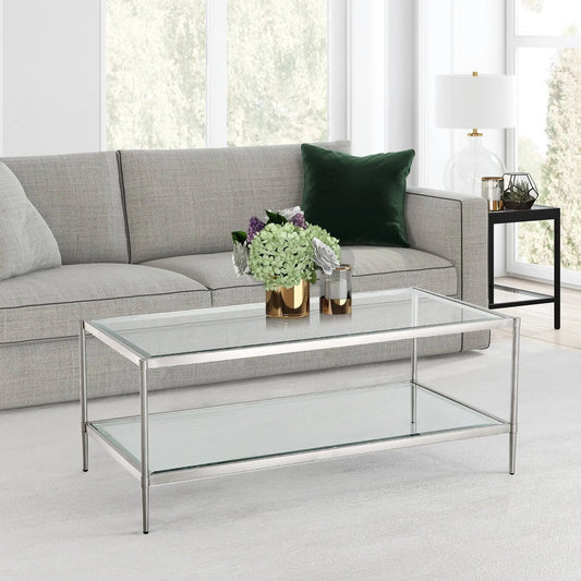 Home 2-Tier Modern Rectangle Glass Coffee Table (Silver - Glass) LDU3_A4KKK99